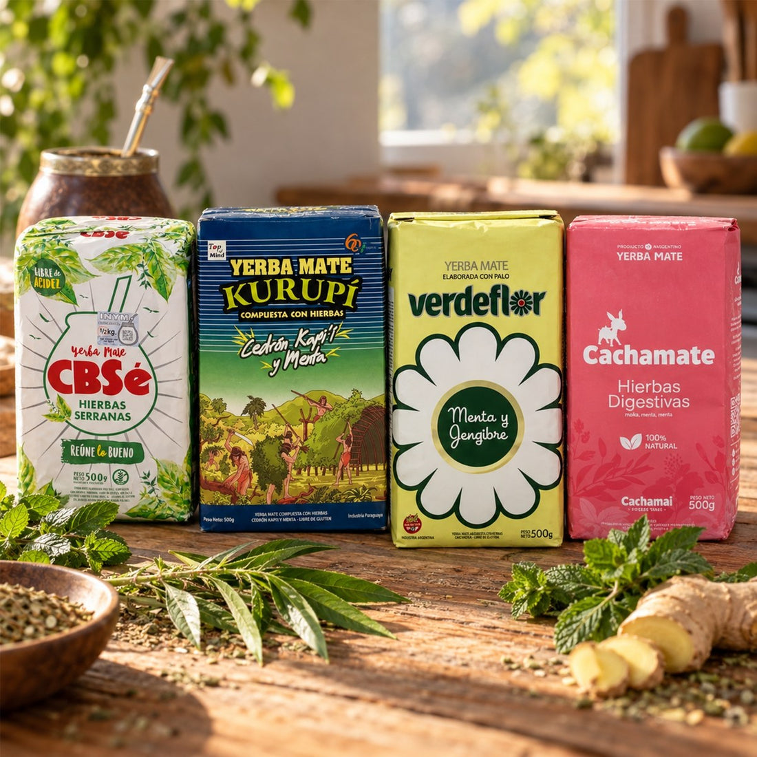 Pack de 4 yerbas maté aux herbes : CBSé Hierbas Serranas, Kurupí Cedrón, Verdeflor Menthe-Gingembre et Cachamate Digestivas