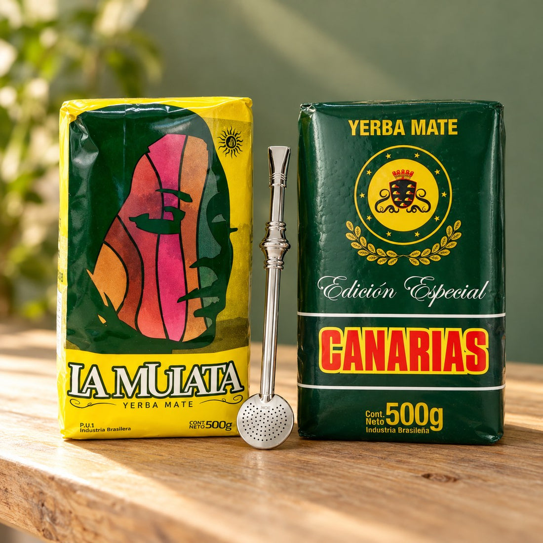 Pack Yerba Uruguayenne mis en scène : Canarias Edición Especial 500 g, La Mulata Tradicional 500 g et bombilla Bortonaggio 19 cm