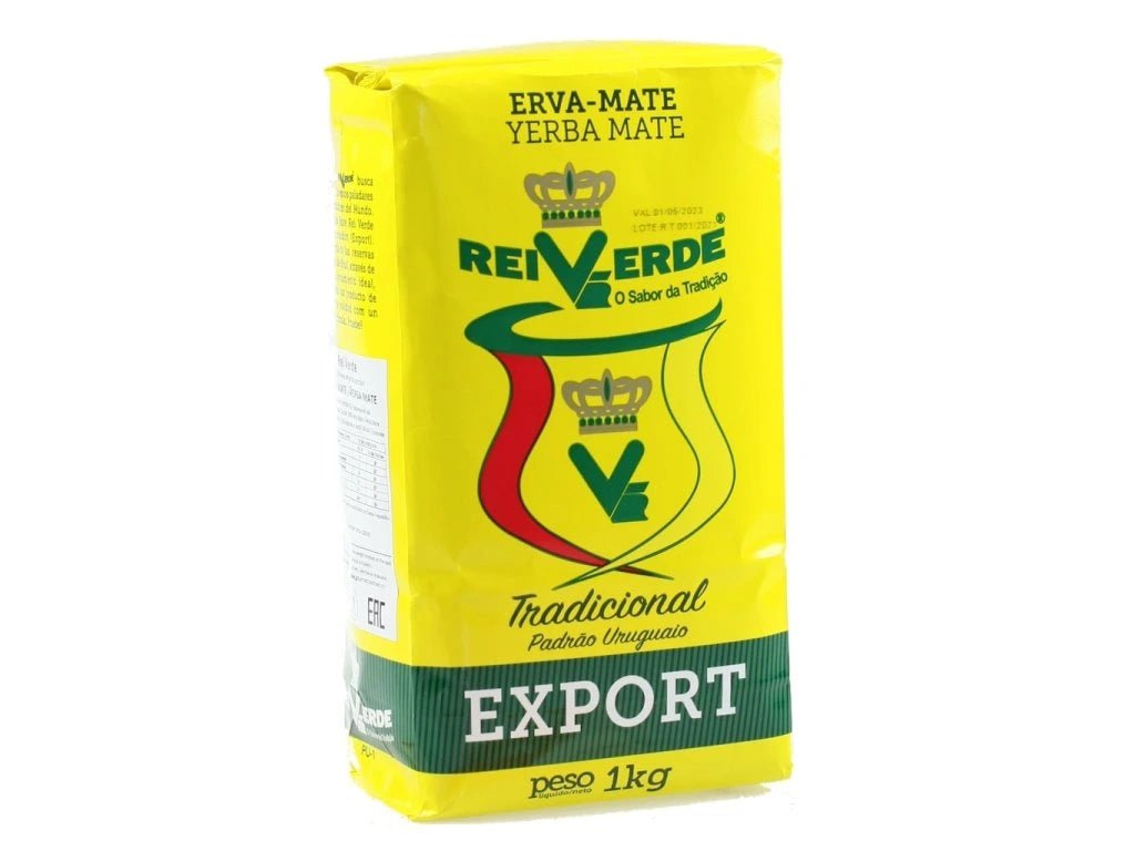 Paquets jaunes de Yerba Maté Rei Verde Export — erva mate brésilienne sans tige, goût végétal et équilibré, formats 500g