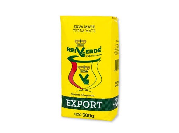 Paquets jaunes de Yerba Maté Rei Verde Export — erva mate brésilienne sans tige, goût végétal et équilibré, formats 500g