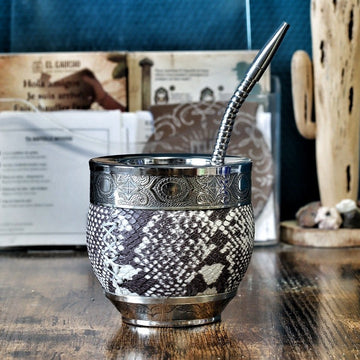 Maté Impérial Cuir Façon Serpent brun et crème, virole d'alpaca et cinta Abstraite N°13, avec sa bombilla en acier inox