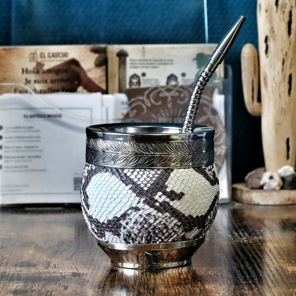 Maté Impérial Cuir Façon Serpent — Virole Alpaca & Cinta Floral N°4 (260 ml)