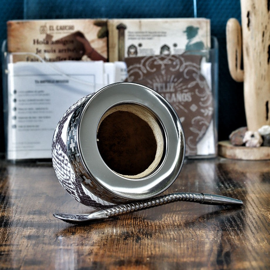 Maté Impérial Cuir Façon Serpent brun et crème, virole d'alpaca et cinta Pampa N°2, avec sa bombilla en acier inox