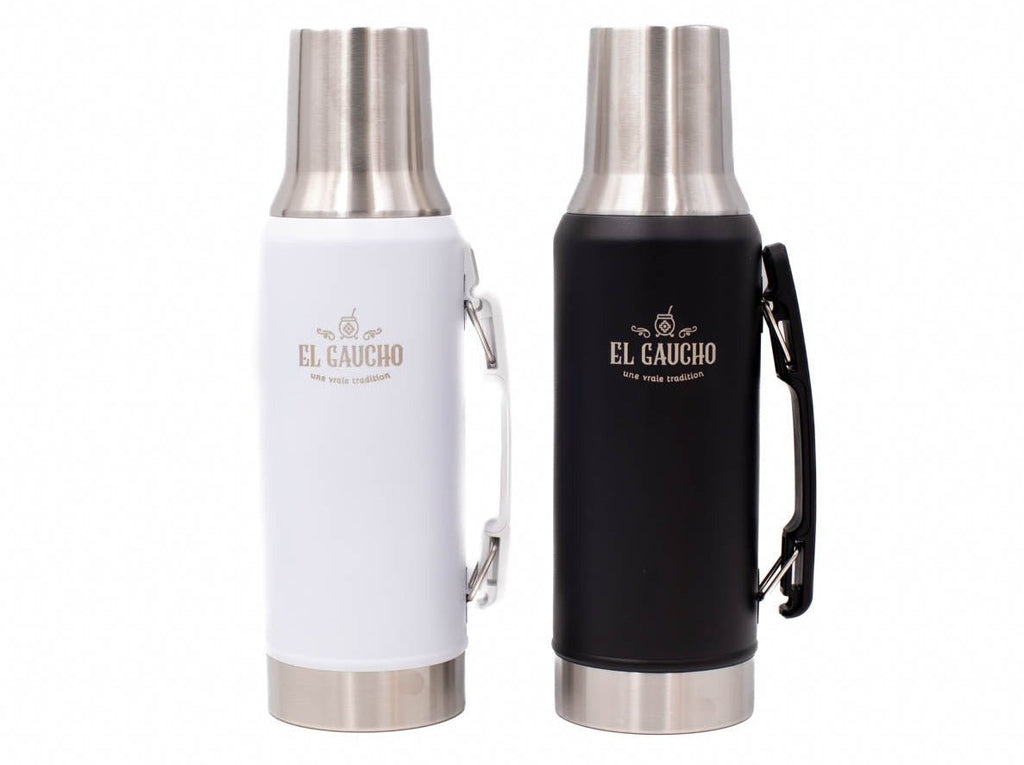 Thermos Gaucho Tradition blanc et noir 1,2 L avec anse et gobelet intégré.