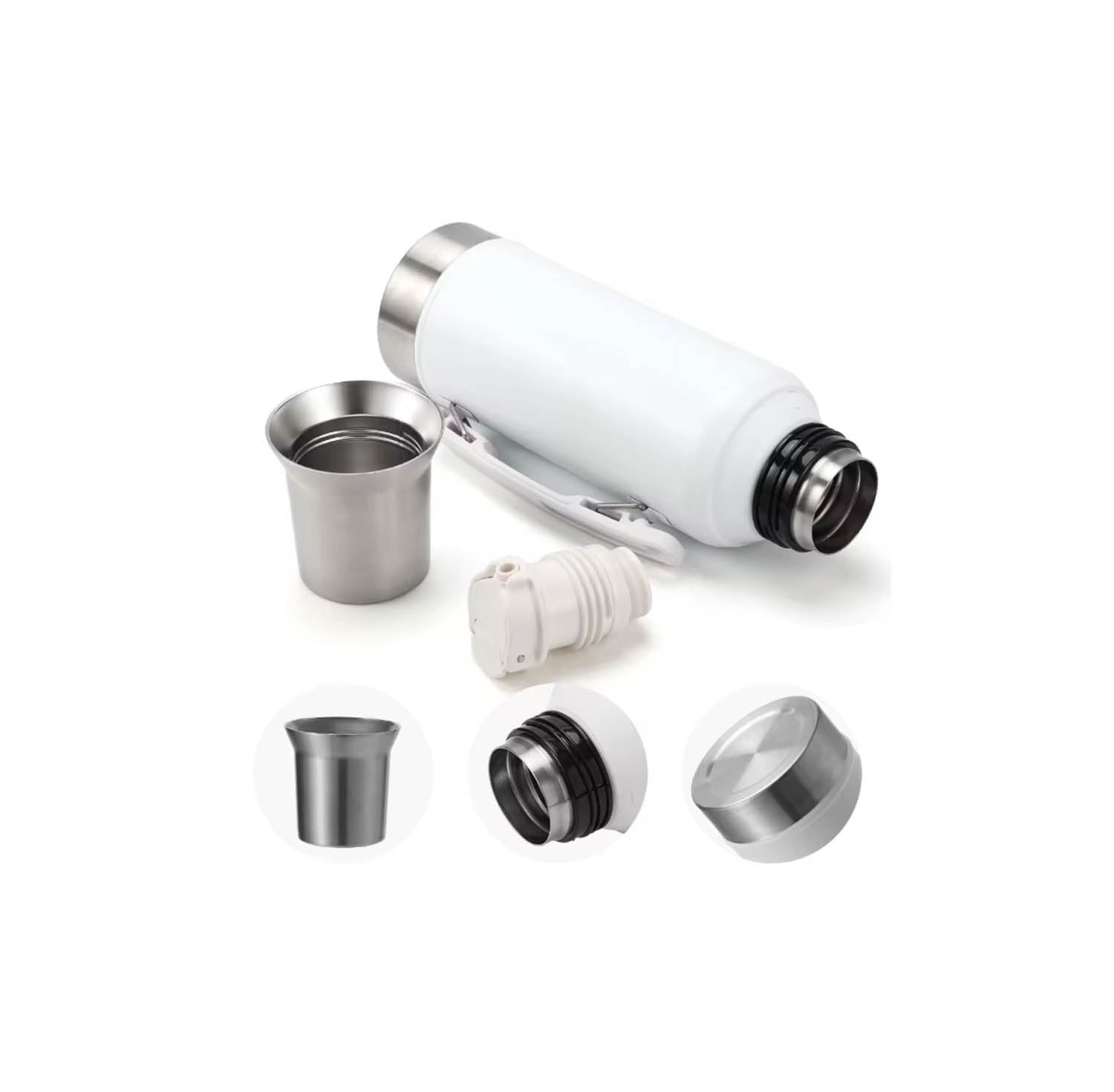 Thermos Gaucho Tradition blanc – pièces démontées : gobelet, bec verseur et bouchon.