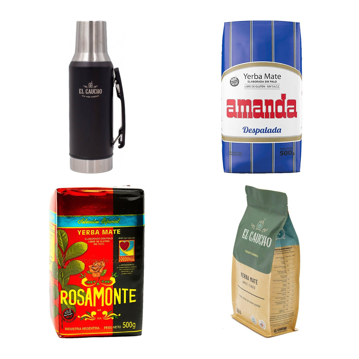 Thermo Gaucho 1,2 L noir en acier inox et trois yerbas mate traditionnelle, pack complet