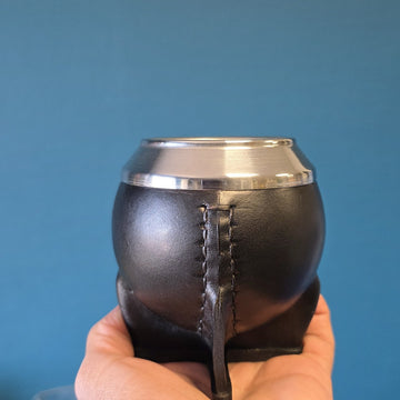 Maté Torpedo Deluxe en cuir lisse noir, virole acier et intérieur inox double couche