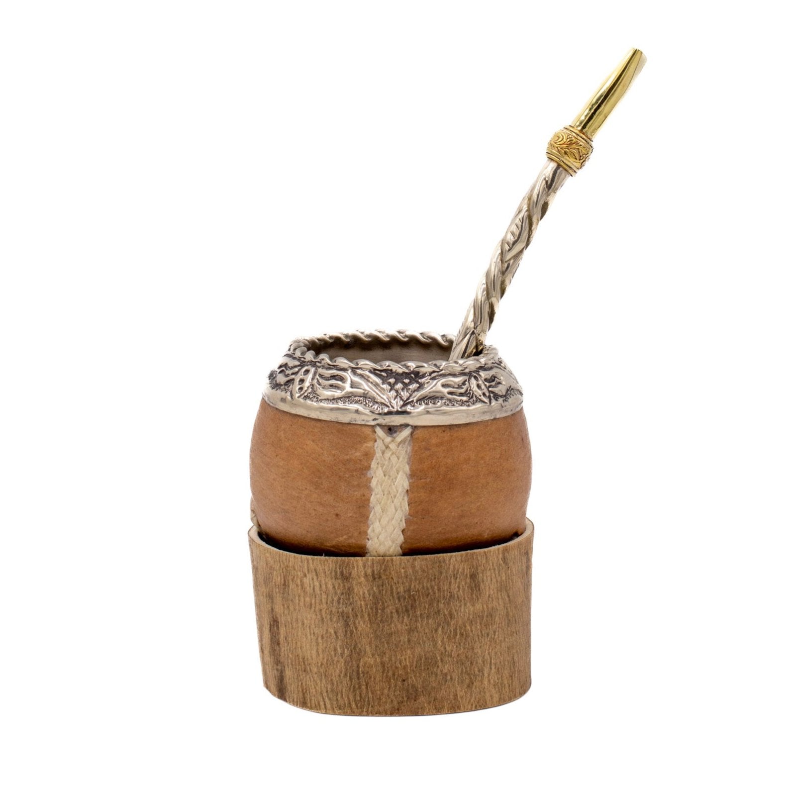 Mate Torpedo cuir brut avec bombilla torsadée, virole ciselée motif rosace.