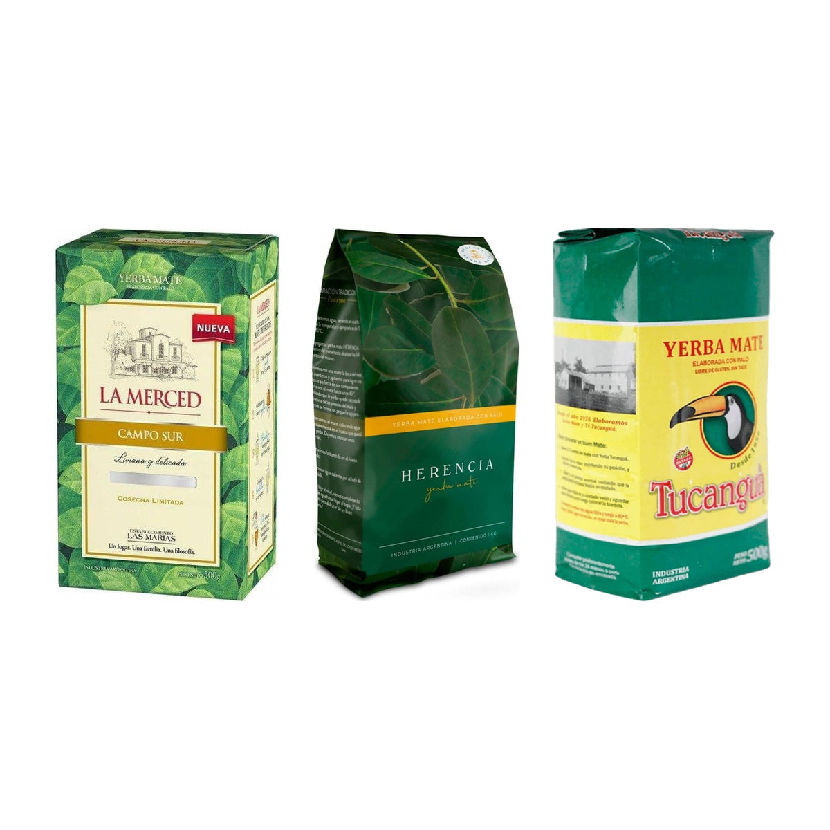 Trio Argentine pour Mate Listo — La Merced Campo Sur, Herencia & Tucanguá (1,5 kg) — les paquets inclus dans le pack