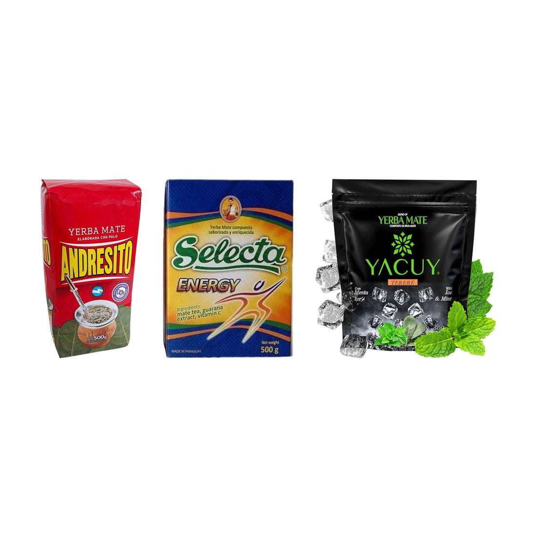Trio Mixte pour Mate Listo — Andresito, Selecta Energy & Yacuy Menta Ice (1,5 kg) — les paquets inclus dans le pack