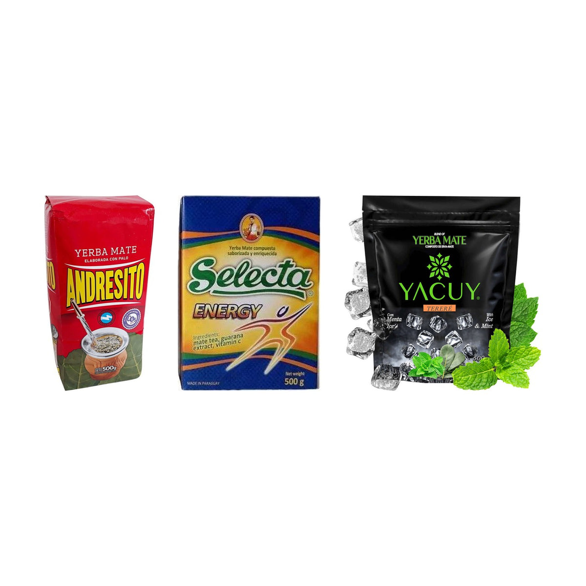 Trio Mixte pour Mate Listo — Andresito, Selecta Energy & Yacuy Menta Ice (1,5 kg) — les paquets inclus dans le pack