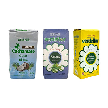 Trio Saveurs pour Mate Listo — Cachamate Coco, Verdeflor Cedrón & Hierbas Serranas (1,5 kg) — les paquets inclus dans le pack
