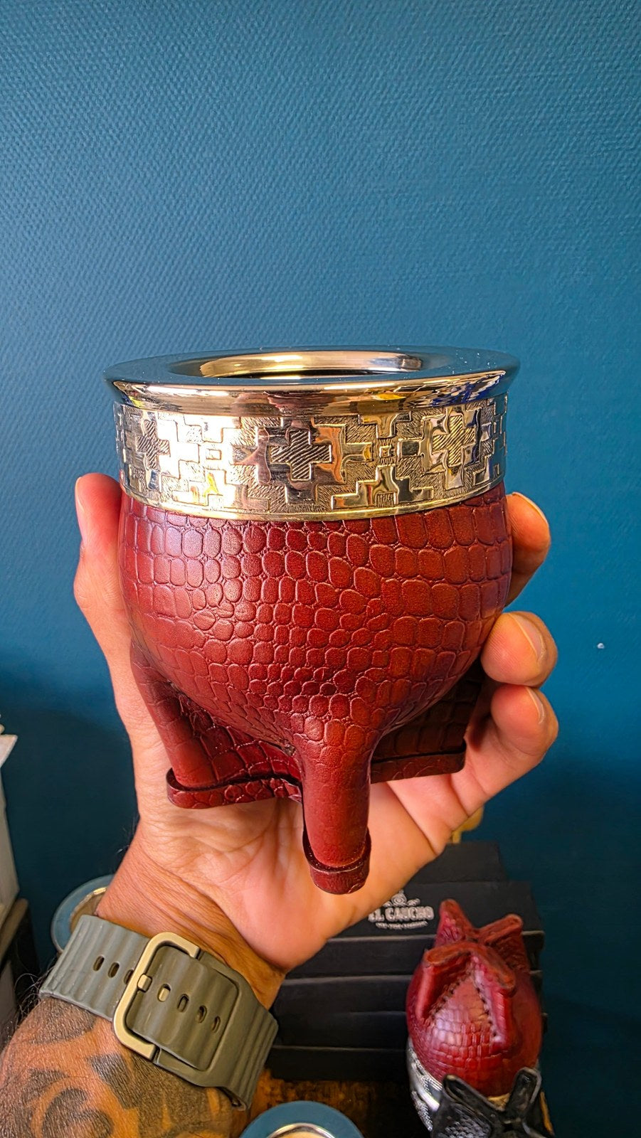 Combo Maté Impérial Deluxe Croco Cinta Pampa borravino avec Thermo Gaucho Blanc 1,2 L et bombilla inox