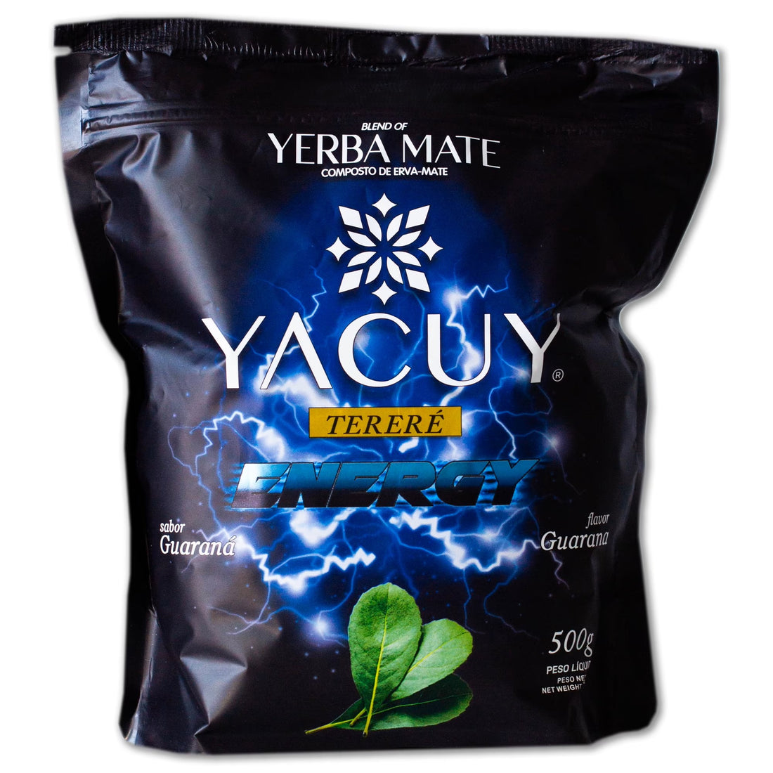Paquet noir de yerba maté brésilienne Yacuy Tereré Energy saveur Guaraná 500g.