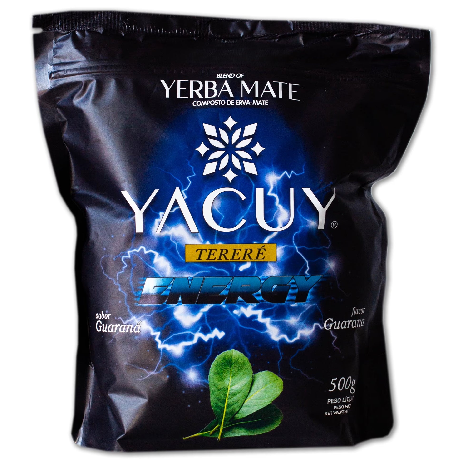 Paquet noir de yerba maté brésilienne Yacuy Tereré Energy saveur Guaraná 500g.