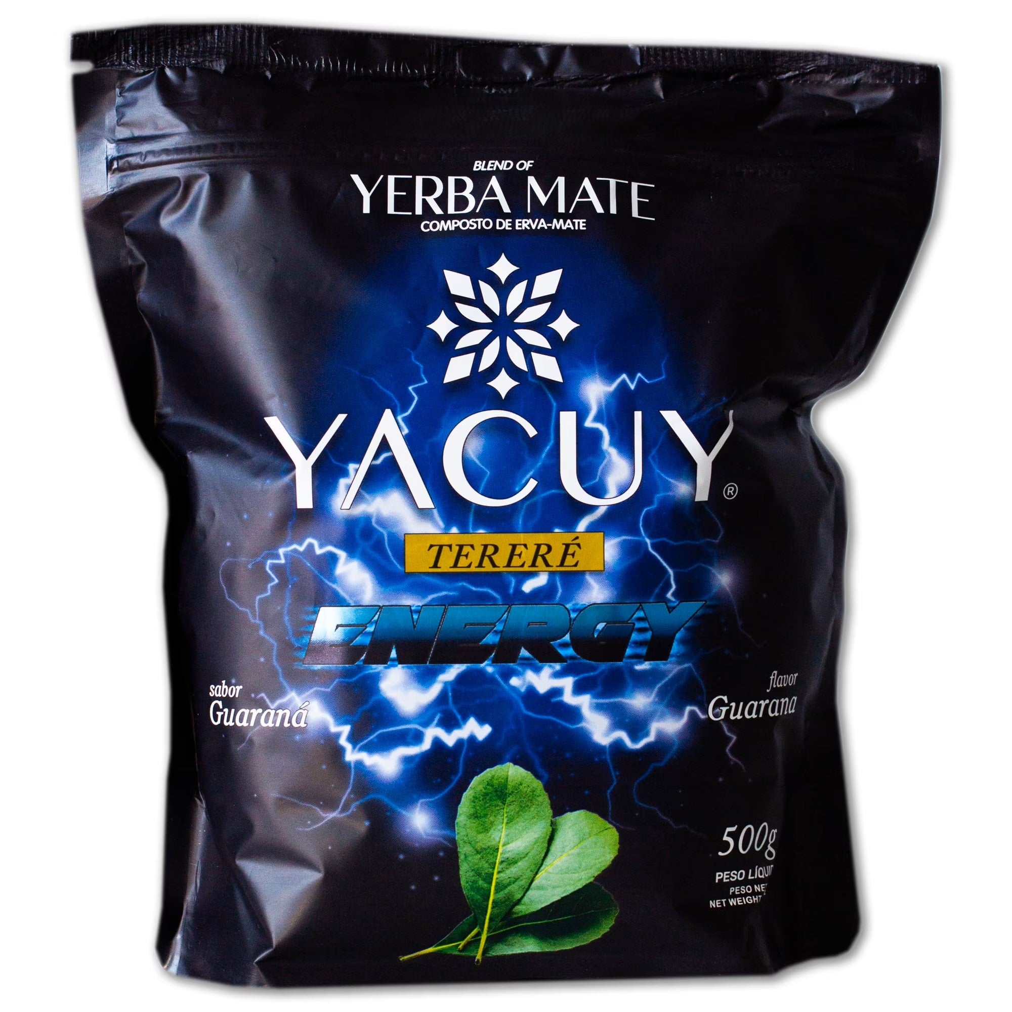 Paquet noir de yerba maté brésilienne Yacuy Tereré Energy saveur Guaraná 500g.