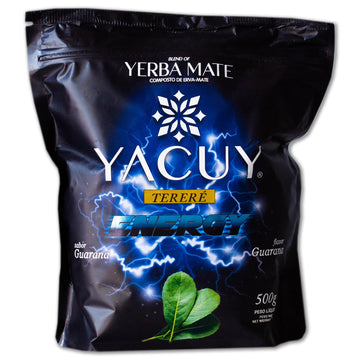 Paquet noir de yerba maté brésilienne Yacuy Tereré Energy saveur Guaraná 500g.
