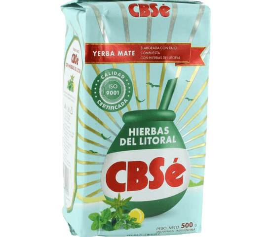 Paquet de 500g CBSé Hierbas del Litoral yerba mate aux herbes côtières avec menthe, verveine citronnée et coriandre, emballage bleu et vert, produit d'Argentine