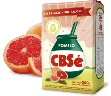 Paquet de 500g CBSé Pomelo yerba mate aromatisée au pamplemousse, emballage rose et jaune avec illustrations de pamplemousse, produit d'Argentine