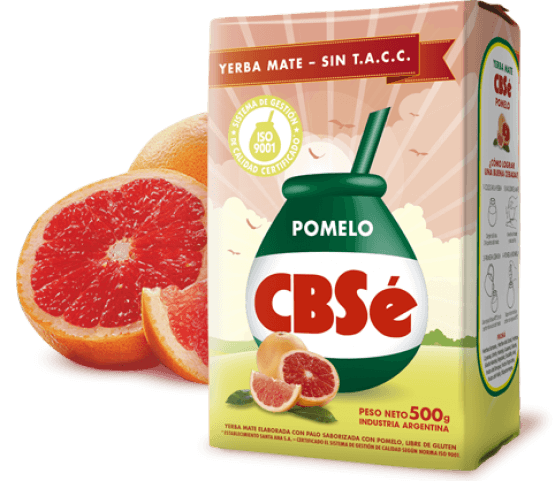 Paquet de 500g CBSé Pomelo yerba mate aromatisée au pamplemousse, emballage rose et jaune avec illustrations de pamplemousse, produit d'Argentine