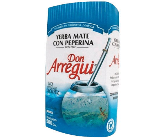 Paquet de 500g Don Arregui Yerba Mate avec Peperina, entreprise artisanale de Córdoba Argentine, emballage avec herbes aromatiques sauvages, produit premium