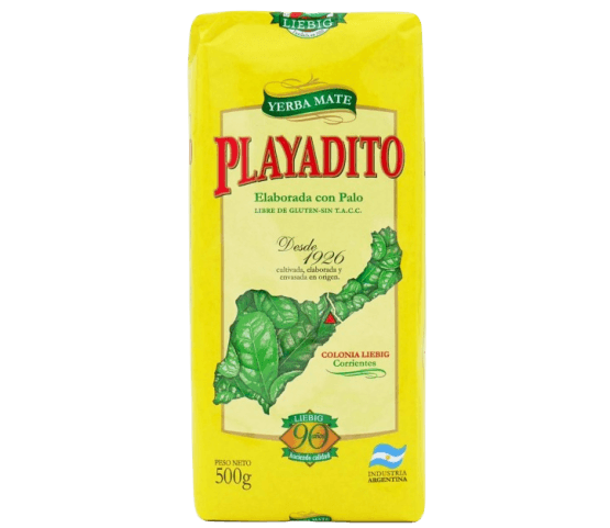 Paquet de yerba mate Playadito disponible en 500g et 1kg, yerba mate argentine traditionnelle con palo de la Coopérative Colonia Liebig